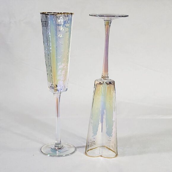 Heart Shape Gold Rimmed Iridescent Champagne Flute‎ Glass Drinkware 5oz Set Of 2 - Picture 10 of 16